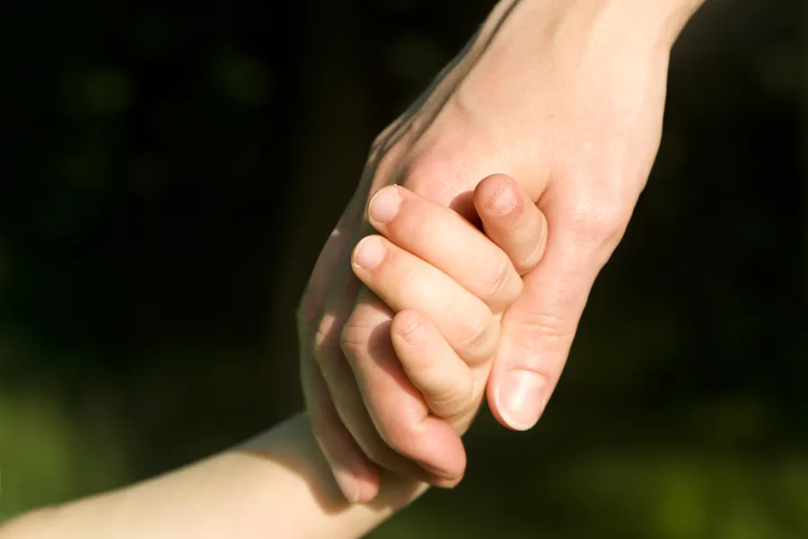 Eit nærbilde av ei vaksen hand som held i ei barnehand.