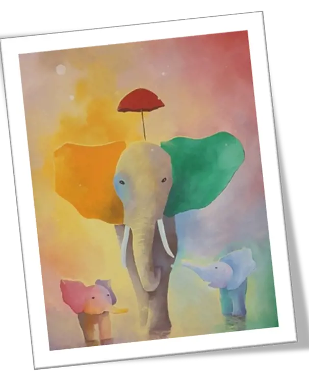 Ein fargerik illustrasjon av ein stor elefant og to små elefantar