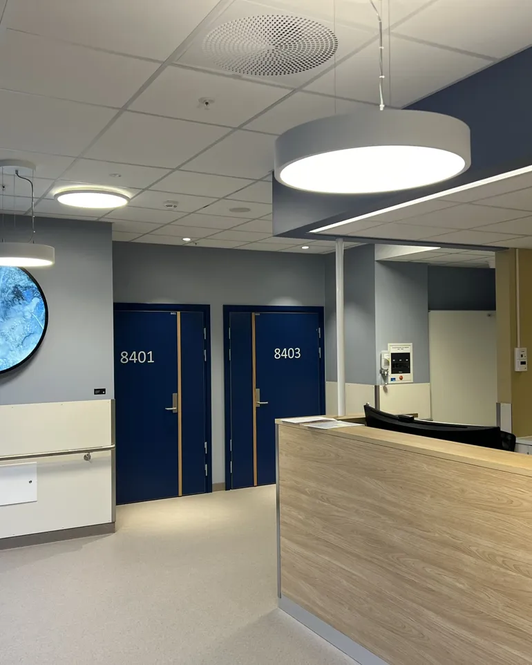 Eit rom med blå dører og ein blå kunstsirkel på veggen
